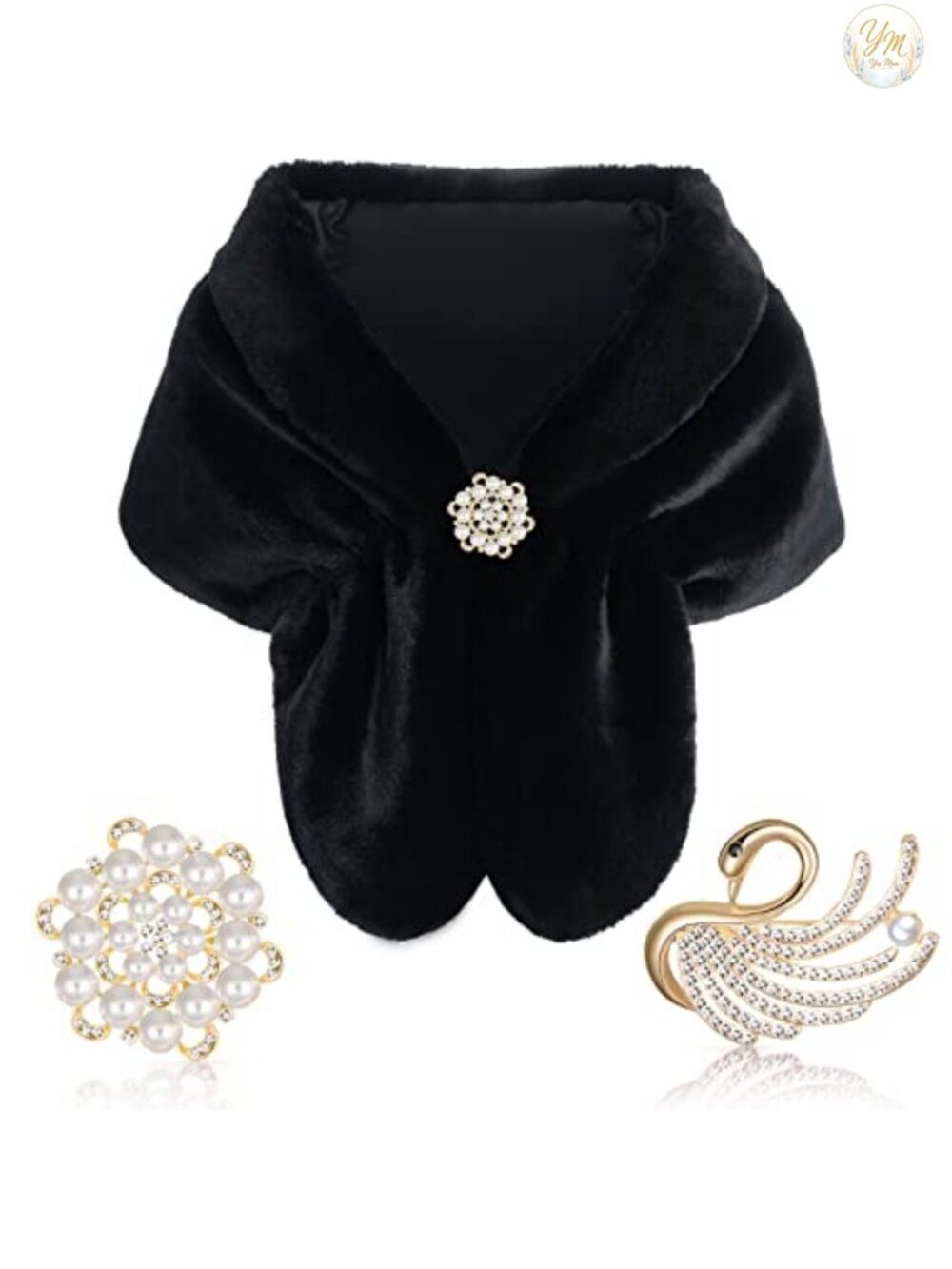 Faux Fur Shawl Wrap Women with Pearl Rhinestone Brooches Winter Wedding Evening
